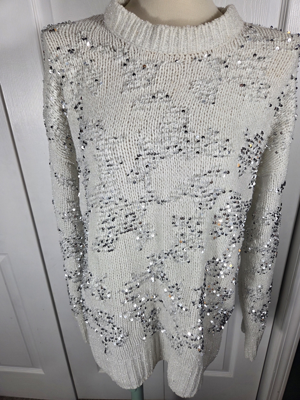 French Connection Sequin Sweater Womens L Cream Knit Sparkle Cozy
